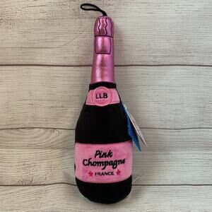 Lulubelles Dog Toy Plush Stuffed Pink & Black Champagne Bottle Squeaky NEW 13"